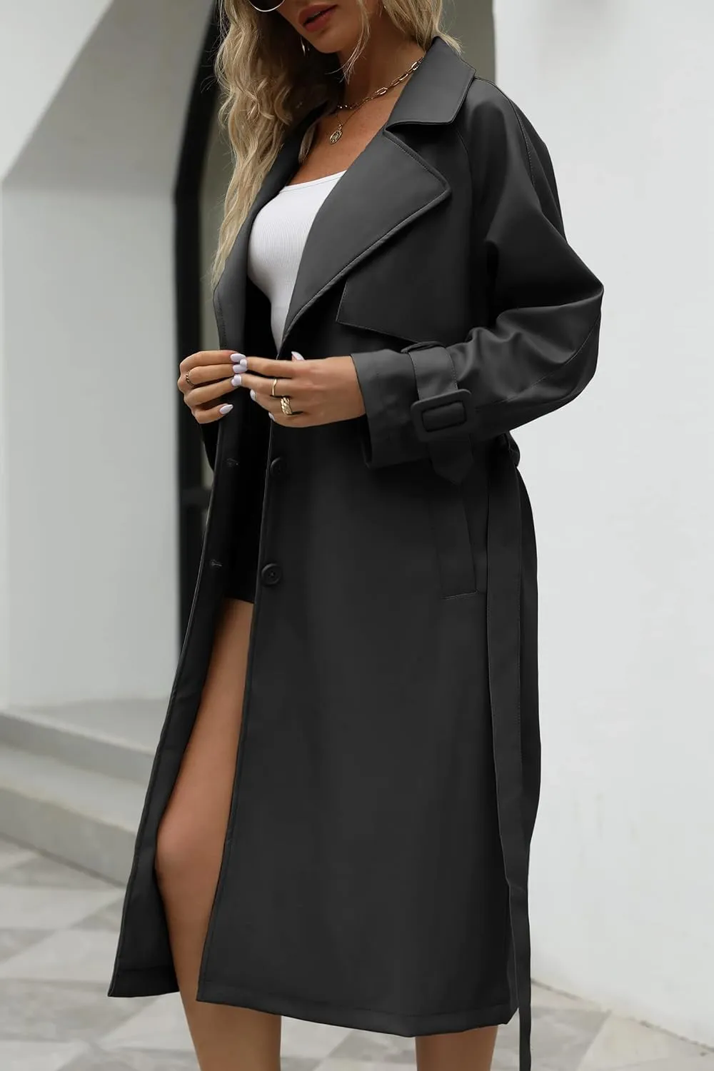 Bellivera Women Trench Coat Long Loose Jacket Faux PU Leather Oversize Classic Lapel Overcoat with Belt