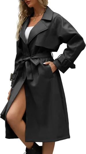 Bellivera Women Trench Coat Long Loose Jacket Faux PU Leather Oversize Classic Lapel Overcoat with Belt