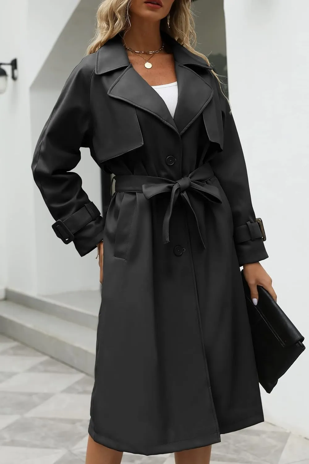 Bellivera Women Trench Coat Long Loose Jacket Faux PU Leather Oversize Classic Lapel Overcoat with Belt