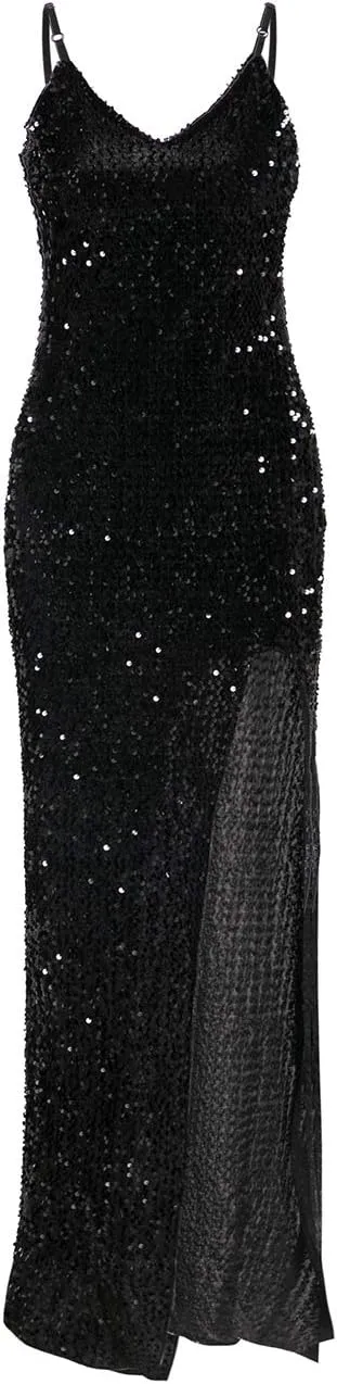 BerryGo Women's Sexy V Neck Bodycon Sequin Gown Evening Dress with Slit