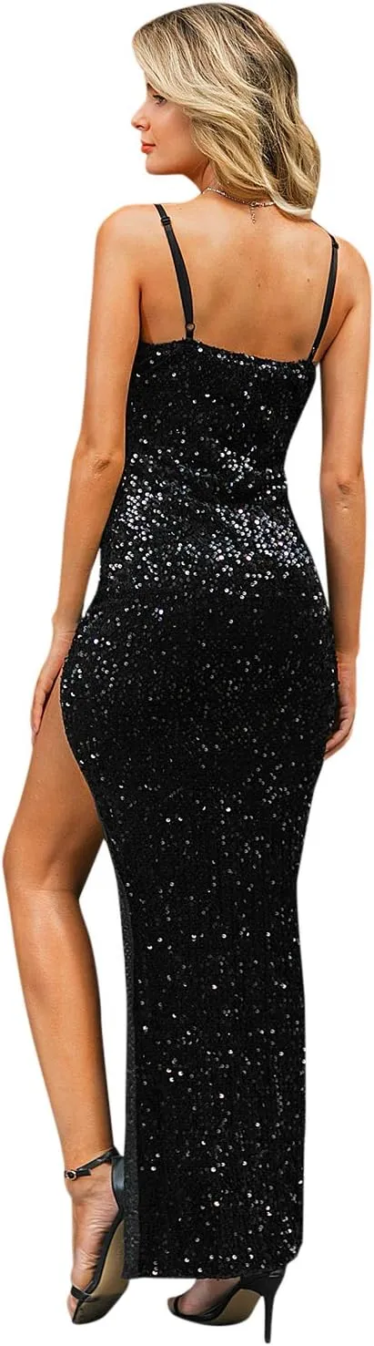 BerryGo Women's Sexy V Neck Bodycon Sequin Gown Evening Dress with Slit