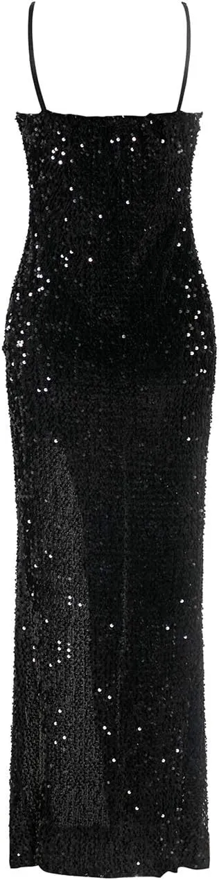 BerryGo Women's Sexy V Neck Bodycon Sequin Gown Evening Dress with Slit