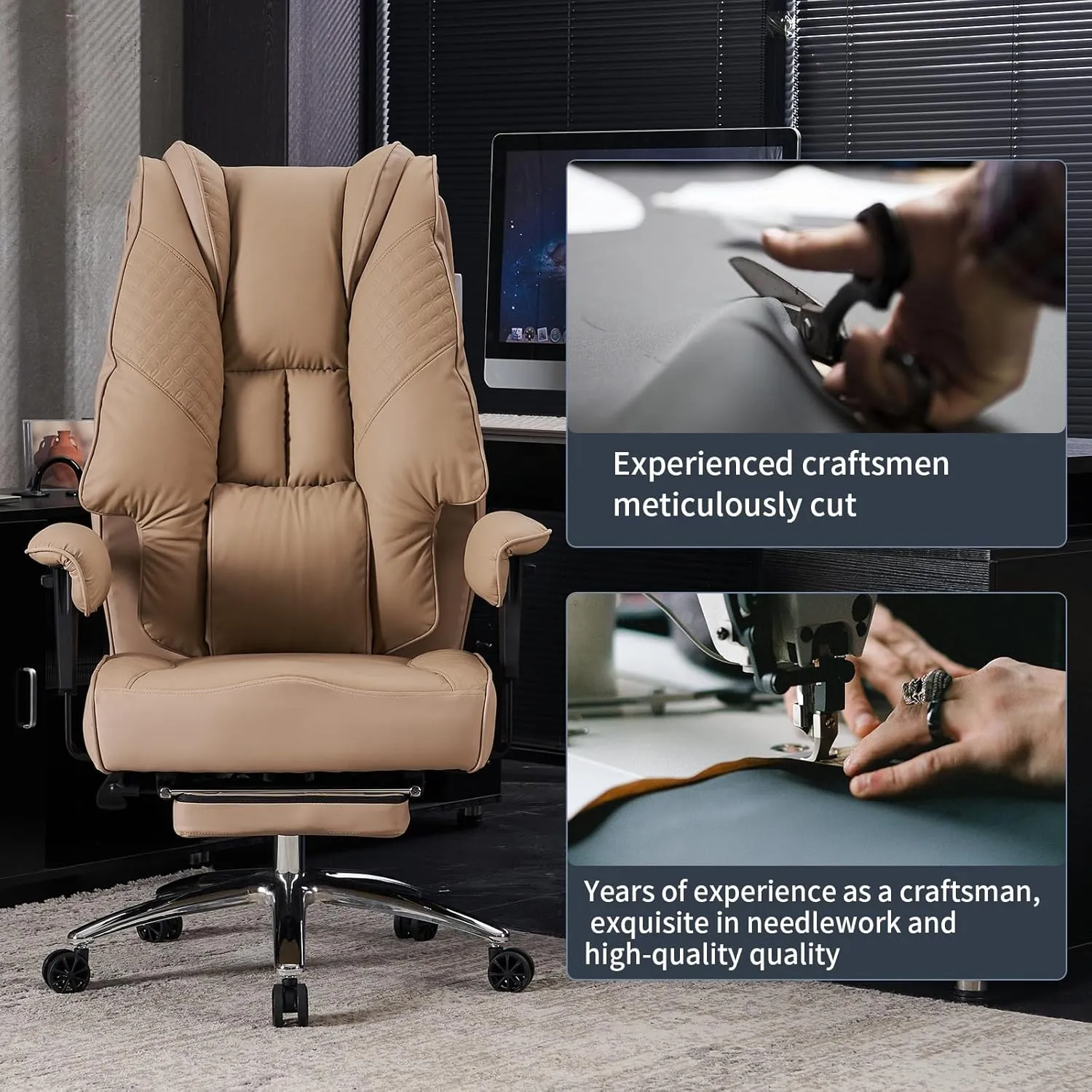Big and Tall Office Chair 400lbs Wide Seat, Leather High Back Executive Office Chair with Foot Rest, Ergonomic Chairs Lumbar Support for Lower Back Pain Relief (Brown)