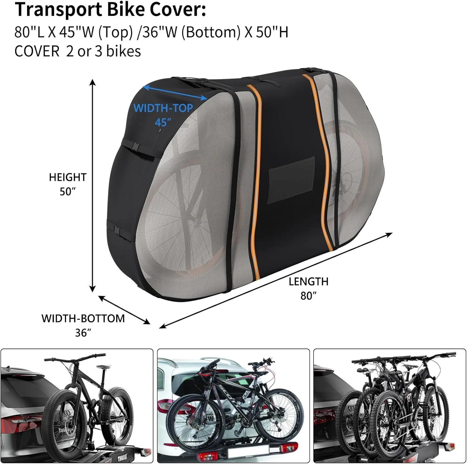 Bike Cover for Transport on Rack,Waterproof Tear Resistant Outdoor Bicycle Cover for 1,2 Bikes with Visible Tail Lights,License Plate Window and 2 Elastic Straps,80 ''L x 36''W x 50''H
