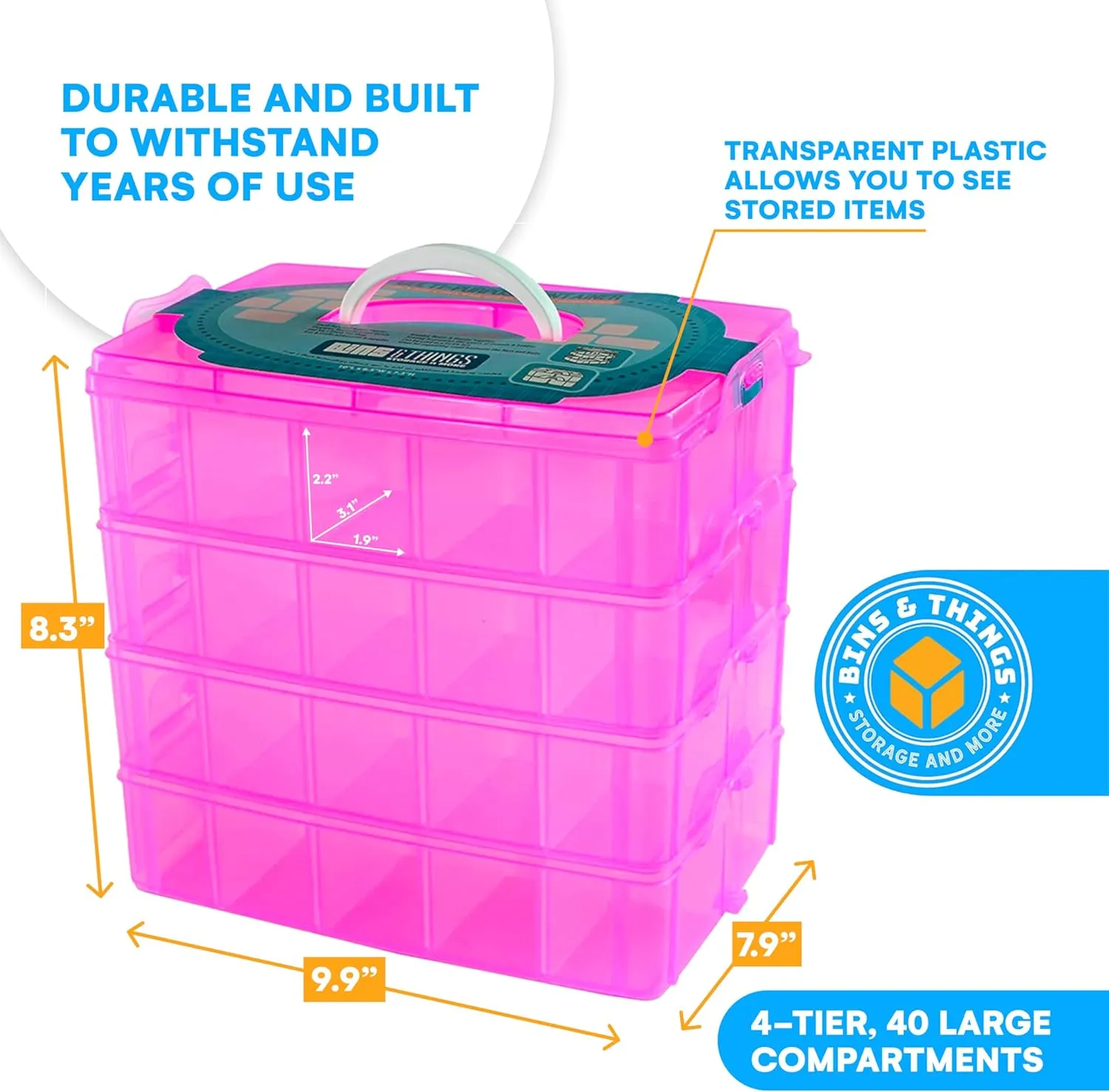 Bins & Things Bead Organizer with Adjustable Compartments - Durable Toy Organizers and Storage Solution for Dolls, Crafts, Mini Toy Figures, Jewelry and Beads - 4 Tier, 20 Compartments, Pink