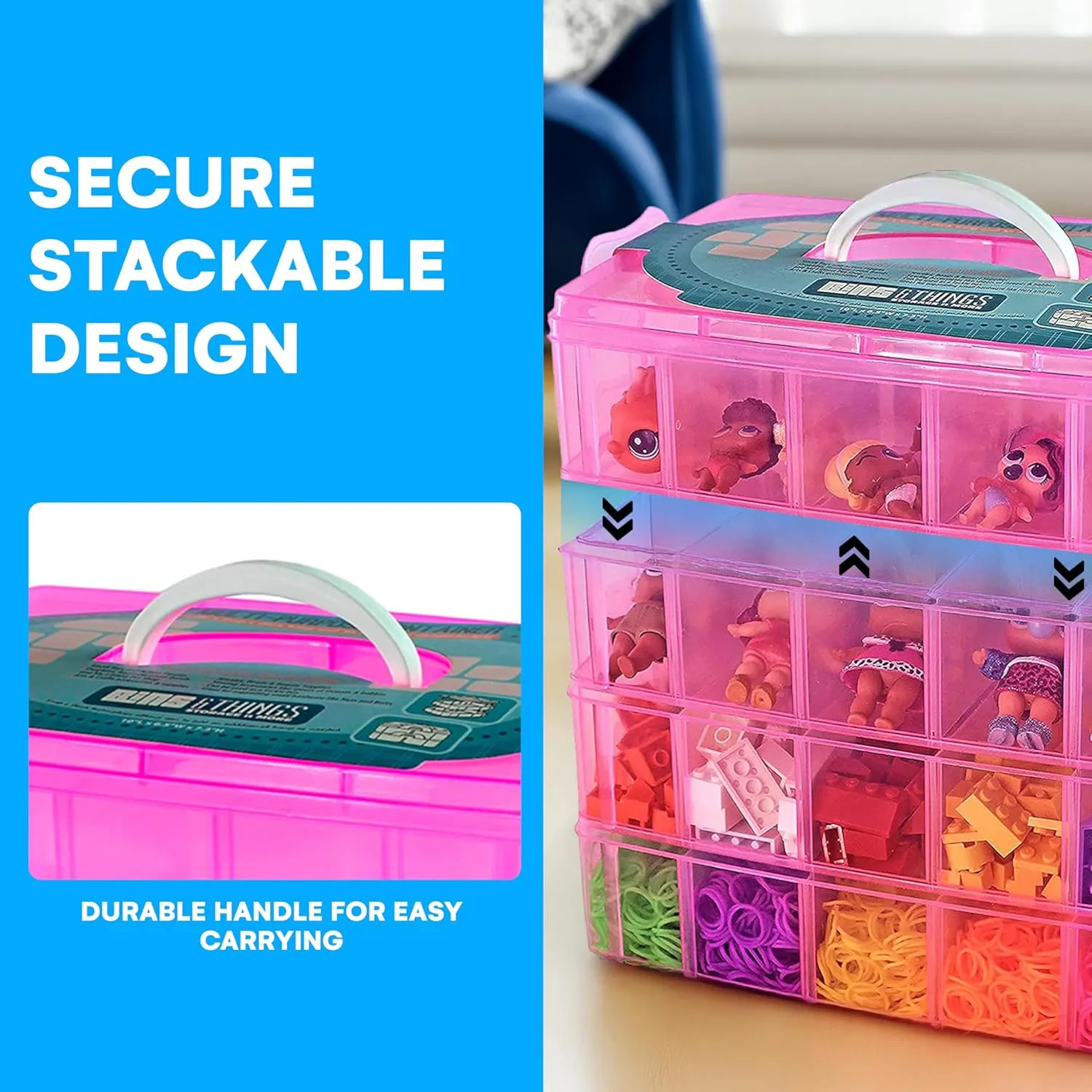Bins & Things Bead Organizer with Adjustable Compartments - Durable Toy Organizers and Storage Solution for Dolls, Crafts, Mini Toy Figures, Jewelry and Beads - 4 Tier, 20 Compartments, Pink