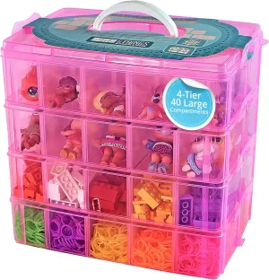 Bins & Things Bead Organizer with Adjustable Compartments - Durable Toy Organizers and Storage Solution for Dolls, Crafts, Mini Toy Figures, Jewelry and Beads - 4 Tier, 20 Compartments, Pink