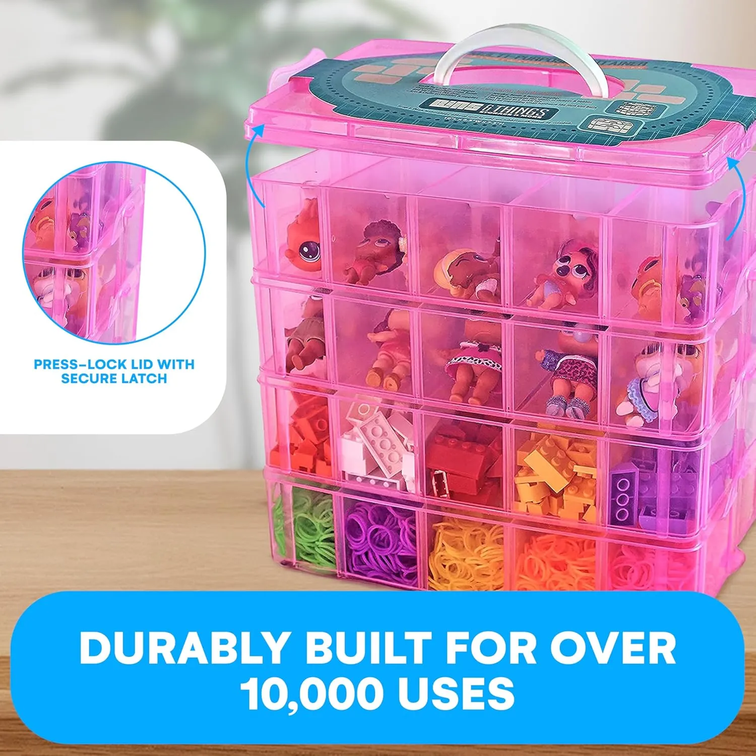 Bins & Things Bead Organizer with Adjustable Compartments - Durable Toy Organizers and Storage Solution for Dolls, Crafts, Mini Toy Figures, Jewelry and Beads - 4 Tier, 20 Compartments, Pink