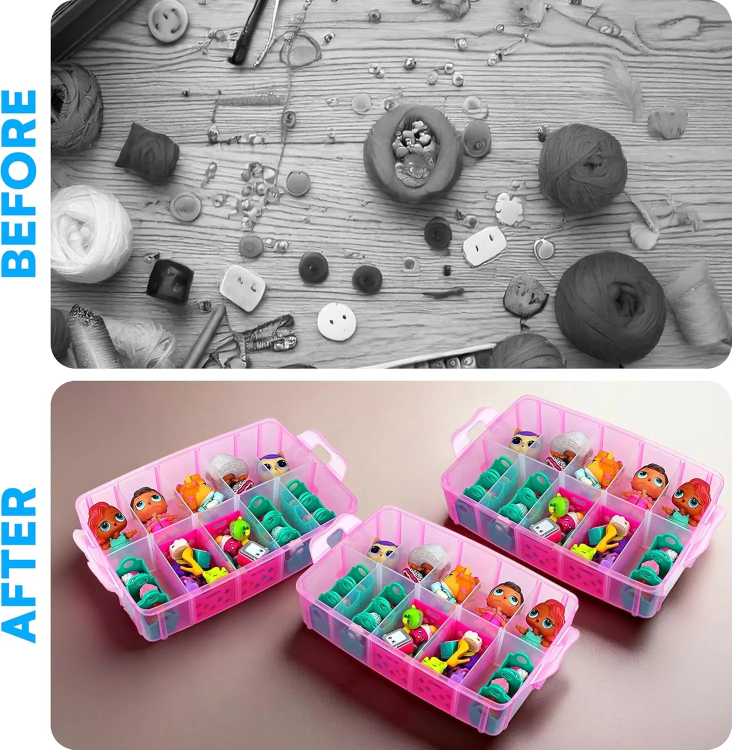 Bins & Things Bead Organizer with Adjustable Compartments - Durable Toy Organizers and Storage Solution for Dolls, Crafts, Mini Toy Figures, Jewelry and Beads - 4 Tier, 20 Compartments, Pink