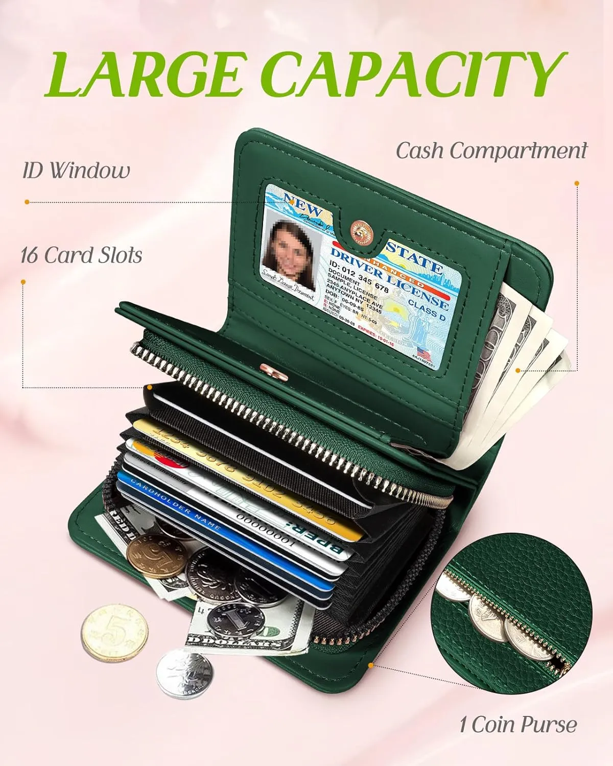 Bistup Credit Card Holder Wallet for Women Cute Leather Ladies Teen Girls Female Cardholder Wallets Accordion Purse Small Medium Aesthetic Print Green Unique Modern Design Rfid Zipper Around
