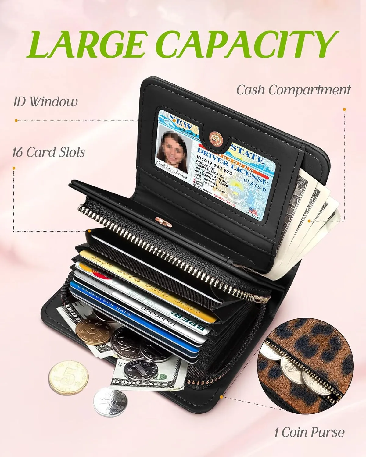Bistup Credit Card Holder Wallet for Women Cute Leather Ladies Teen Girls Female Cardholder Wallets Accordion Purse Small Medium Aesthetic Print Leopard Modern Design Rfid Zipper Around