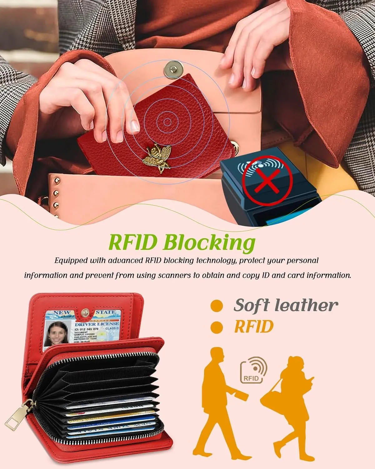 Bistup Credit Card Holder Wallet for Women Cute Leather Ladies Teen Girls Female Cardholder Wallets Accordion Purse Small Medium Aesthetic Print Red Unique Modern Design Rfid Zipper Around