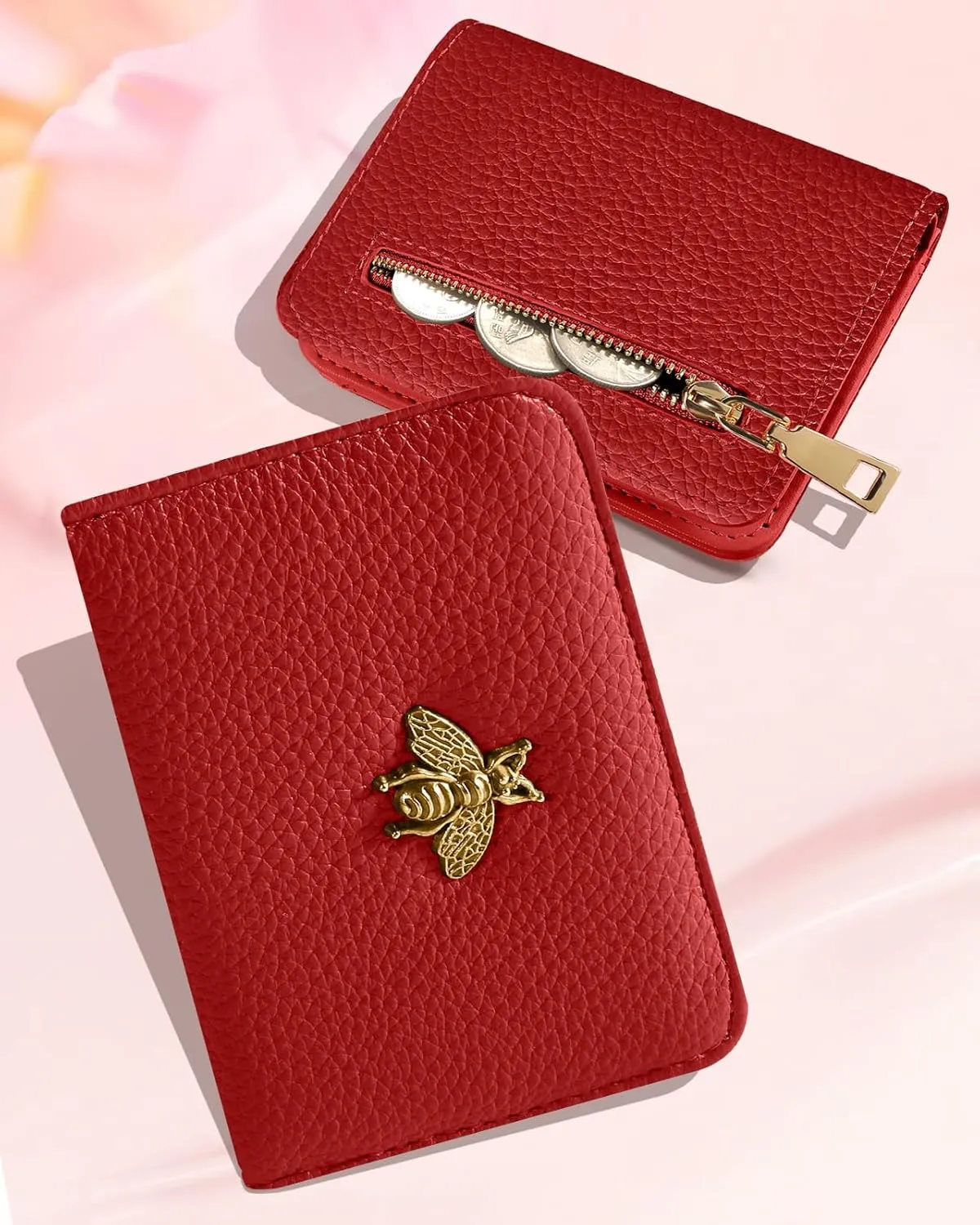 Bistup Credit Card Holder Wallet for Women Cute Leather Ladies Teen Girls Female Cardholder Wallets Accordion Purse Small Medium Aesthetic Print Red Unique Modern Design Rfid Zipper Around
