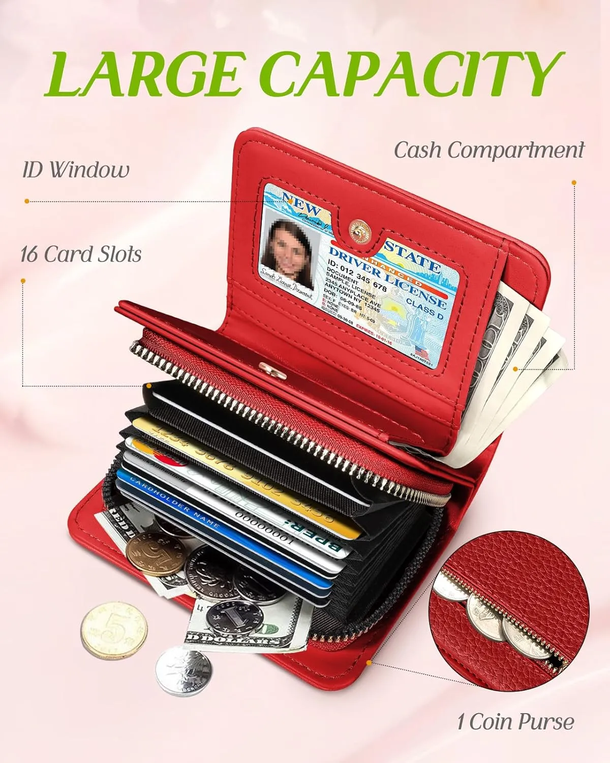 Bistup Credit Card Holder Wallet for Women Cute Leather Ladies Teen Girls Female Cardholder Wallets Accordion Purse Small Medium Aesthetic Print Red Unique Modern Design Rfid Zipper Around