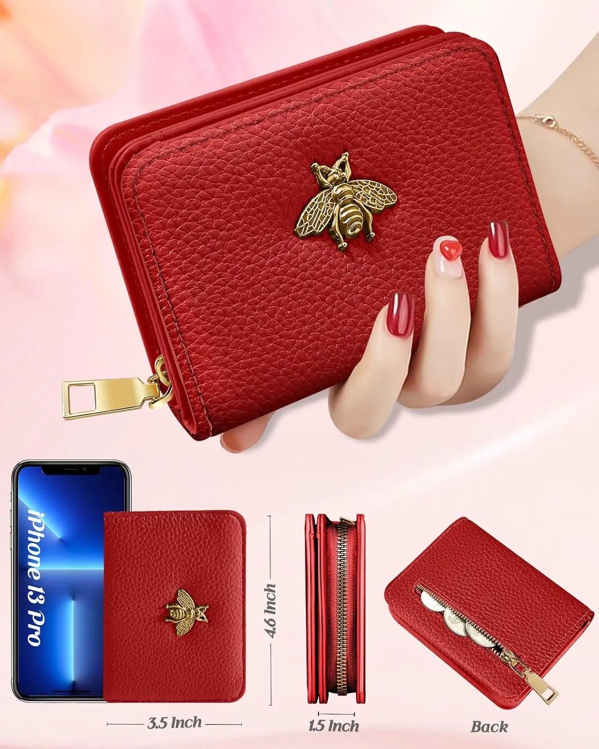 Bistup Credit Card Holder Wallet for Women Cute Leather Ladies Teen Girls Female Cardholder Wallets Accordion Purse Small Medium Aesthetic Print Red Unique Modern Design Rfid Zipper Around
