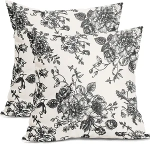Black Floral Pillow Covers 18x18 Inch Vintage Flower Black White Decorative Throw Pillow Covers Set of 2 Farmhouse Pillowcases Cotton Linen Square Cushion Covers For Couch Bed Sofa Chair Car Decor