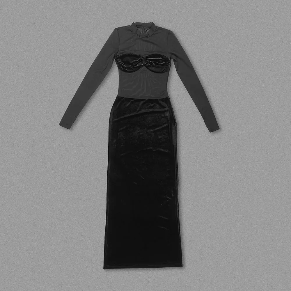 Black Long Sleeve Mesh Velvet Dress