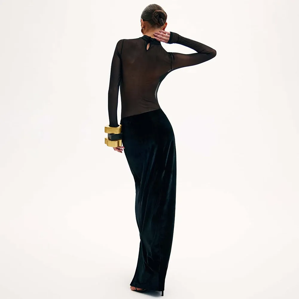 Black Long Sleeve Mesh Velvet Dress