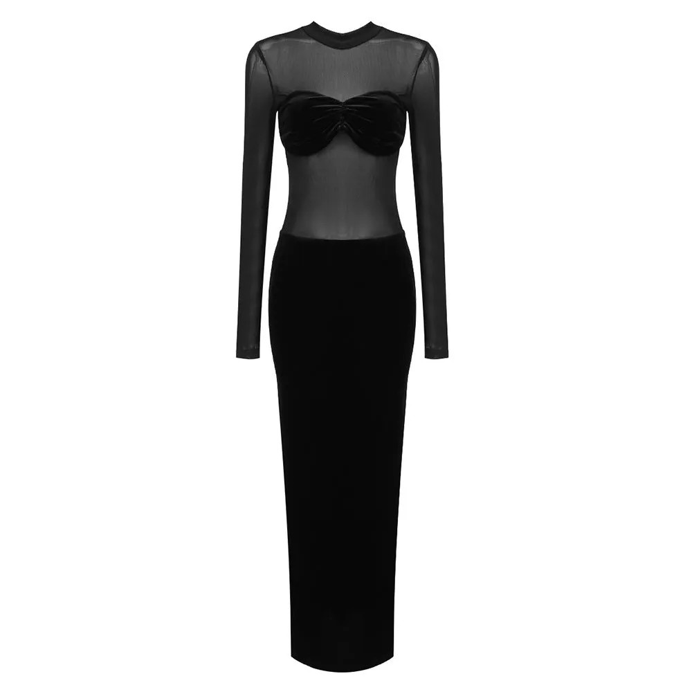 Black Long Sleeve Mesh Velvet Dress