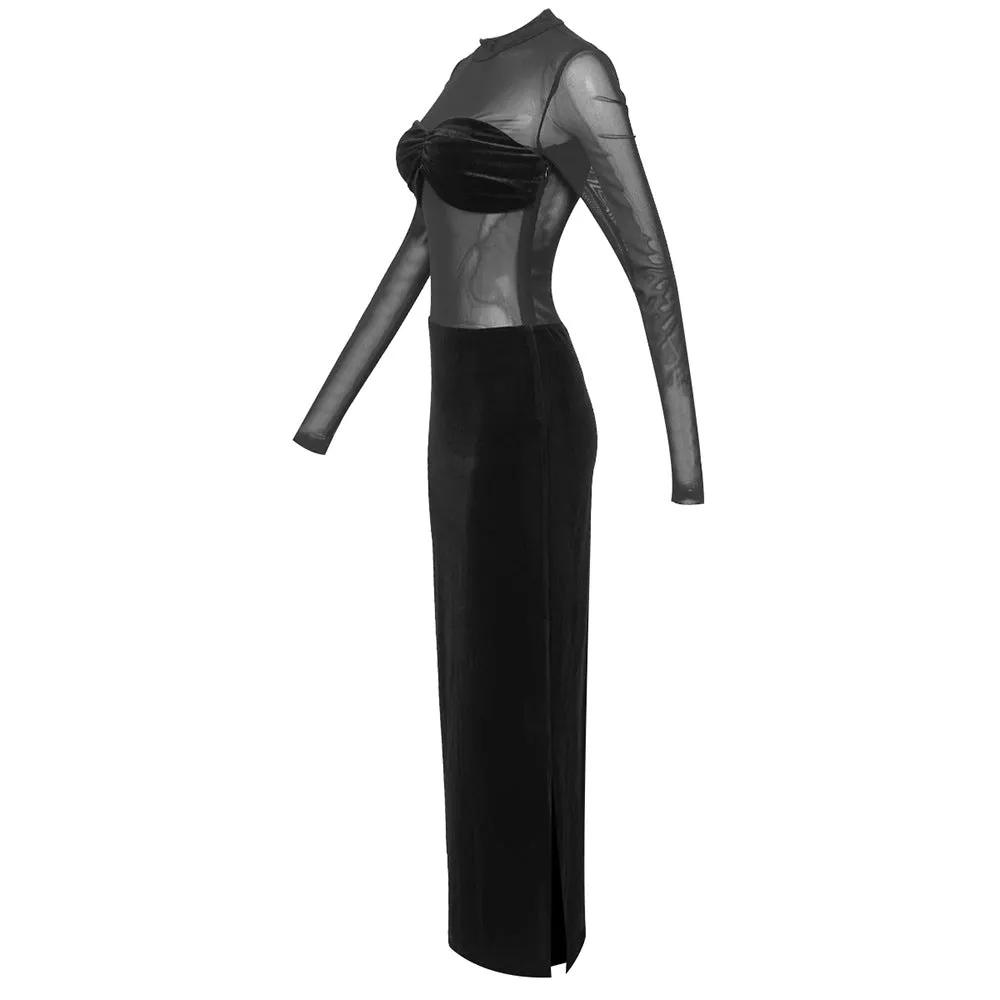 Black Long Sleeve Mesh Velvet Dress