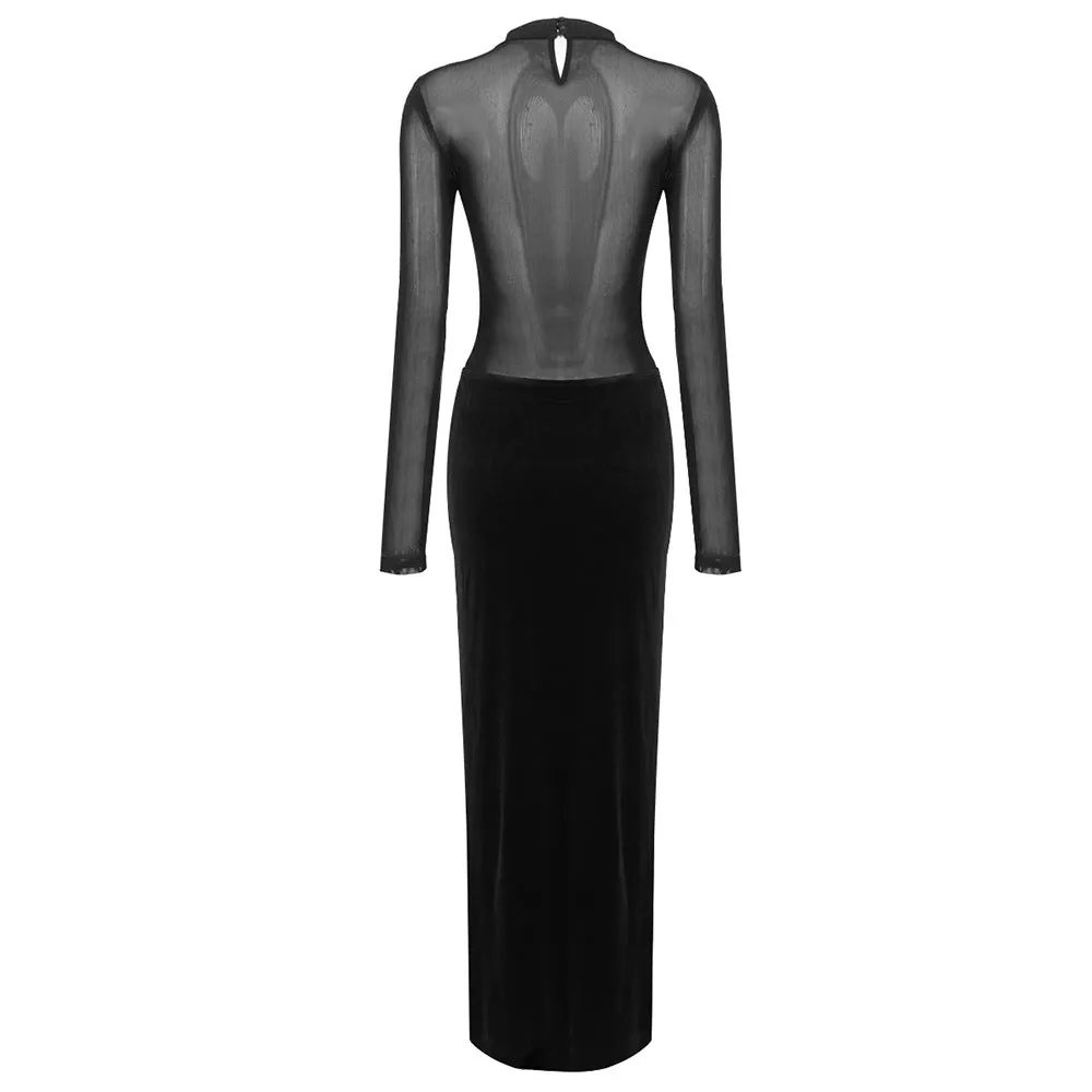 Black Long Sleeve Mesh Velvet Dress