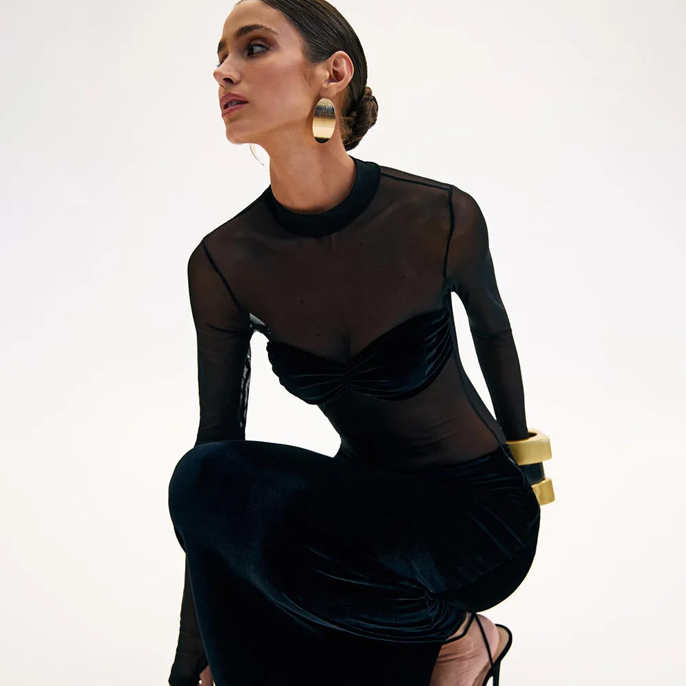 Black Long Sleeve Mesh Velvet Dress