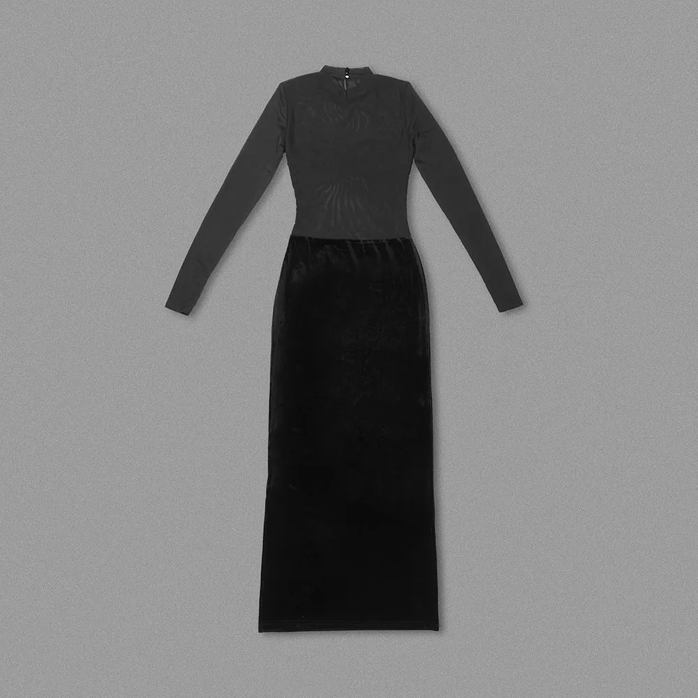 Black Long Sleeve Mesh Velvet Dress