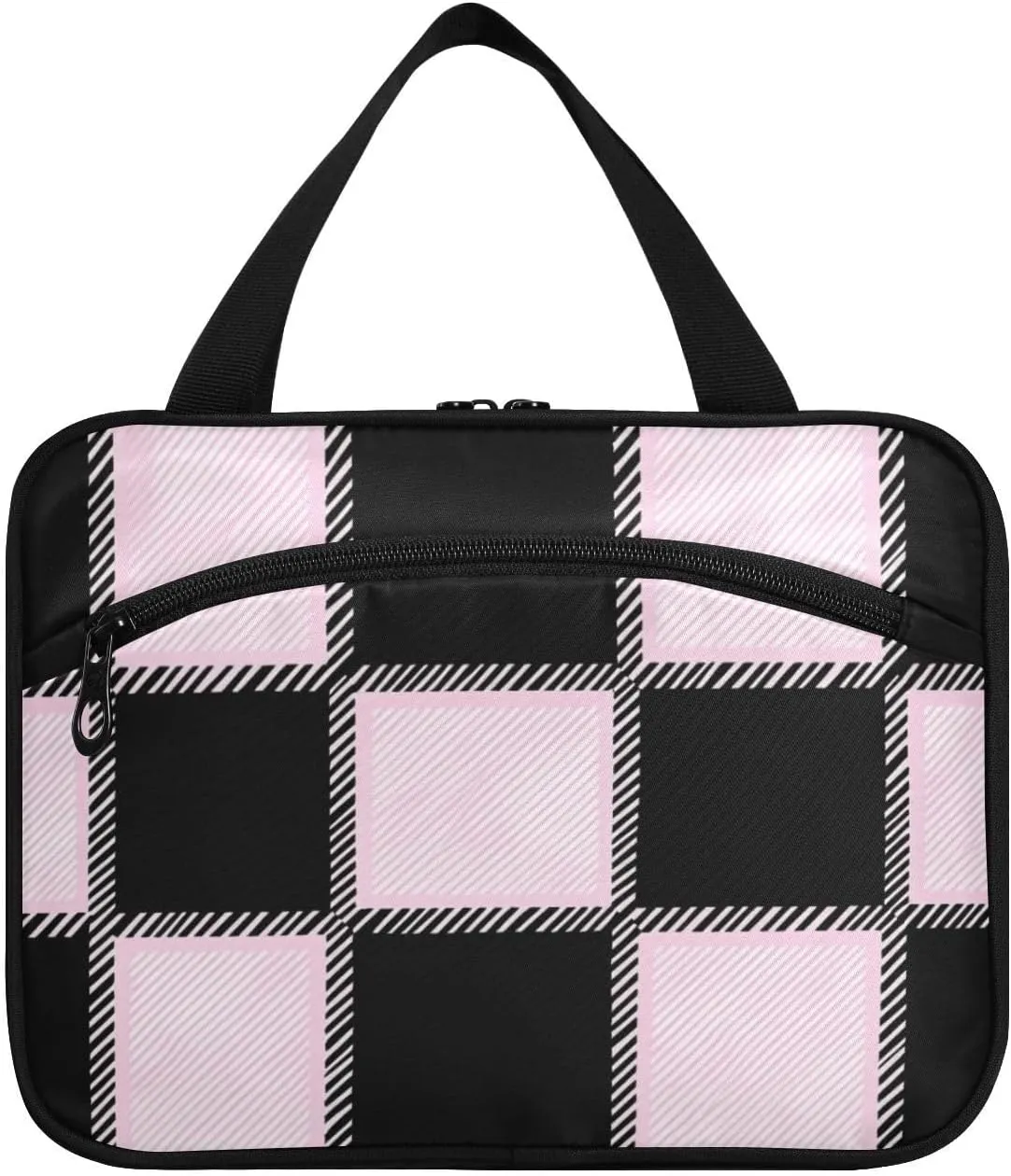 Black Peach Checkered Plaid hanging mens travel bag with hook, designer foldable tote bag for travel make up backpacking maleta para maquillaje L