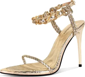 Black Pumps for Women Gold Chain Ankle Strap Open Toe Pointed Toe Stiletto High Heels for Formal Events Weddings Parties and Evening Wear
