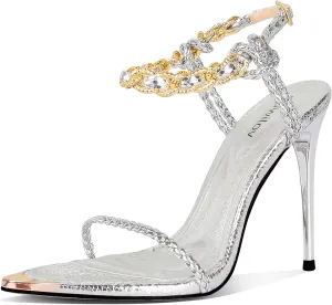 Black Pumps for Women Gold Chain Ankle Strap Open Toe Pointed Toe Stiletto High Heels for Formal Events Weddings Parties and Evening Wear