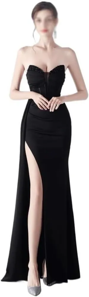 Black Strapless Wedding Dress Women Elegant Formal Maxi Gown Floor Length Split Evening Party Dress