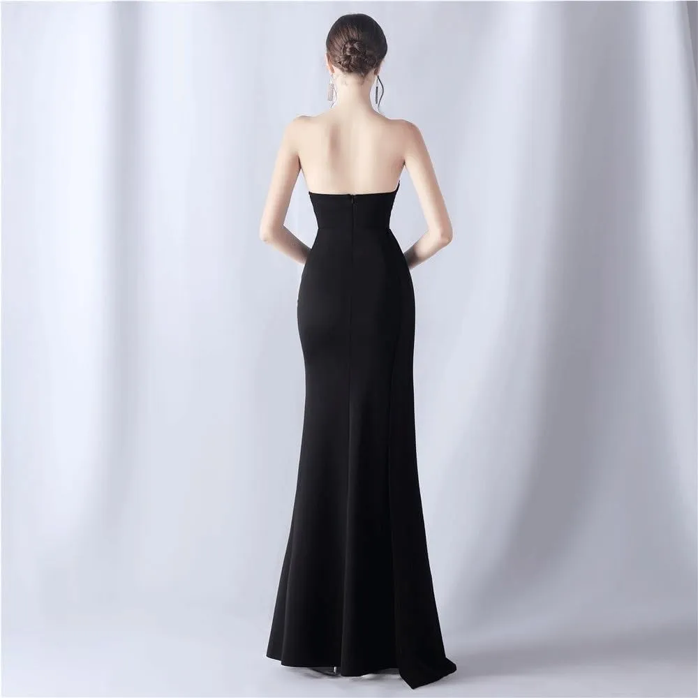 Black Strapless Wedding Dress Women Elegant Formal Maxi Gown Floor Length Split Evening Party Dress