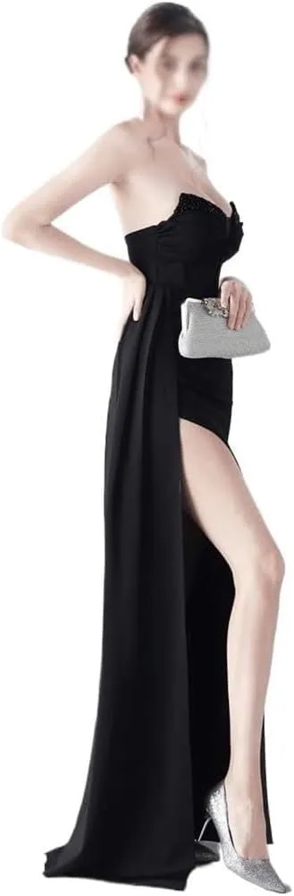 Black Strapless Wedding Dress Women Elegant Formal Maxi Gown Floor Length Split Evening Party Dress