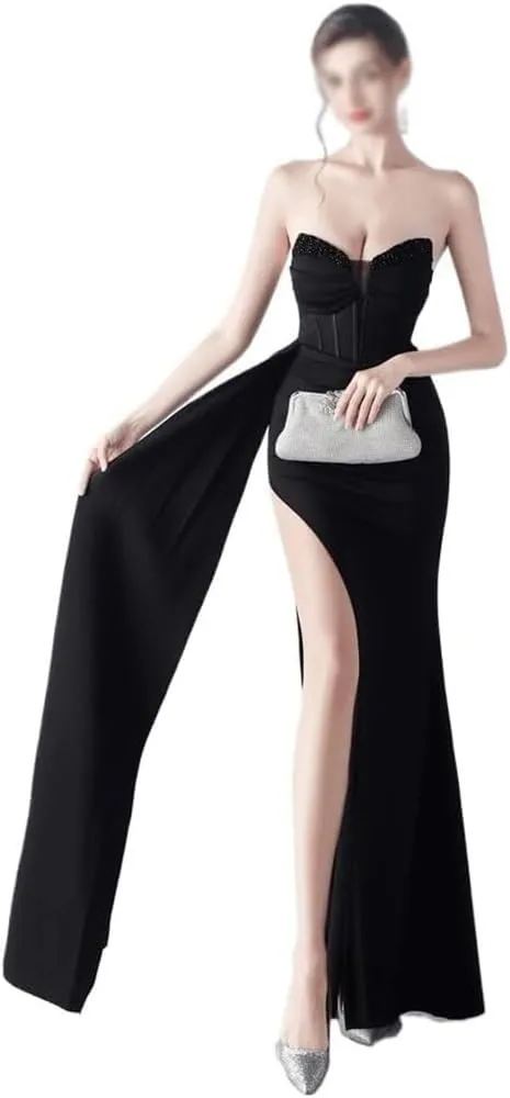 Black Strapless Wedding Dress Women Elegant Formal Maxi Gown Floor Length Split Evening Party Dress