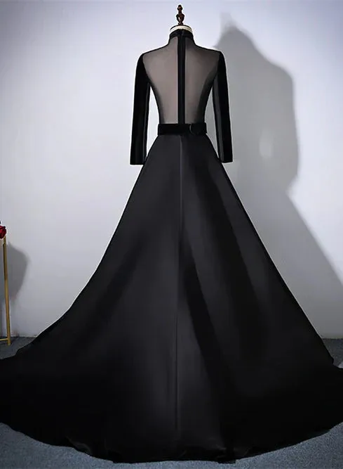 Black Velvet and Satin Long Sleeves See Through Back Formal Dress Evening Dress Elegant