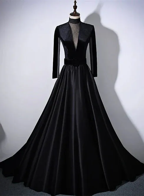 Black Velvet and Satin Long Sleeves See Through Back Formal Dress Evening Dress Elegant