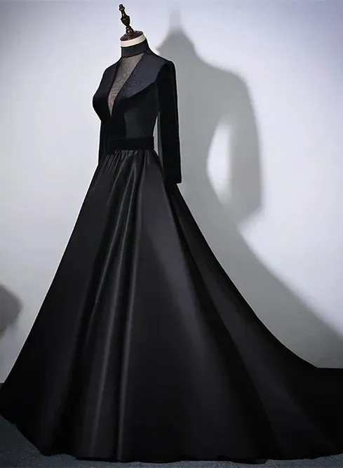 Black Velvet and Satin Long Sleeves See Through Back Formal Dress Evening Dress Elegant