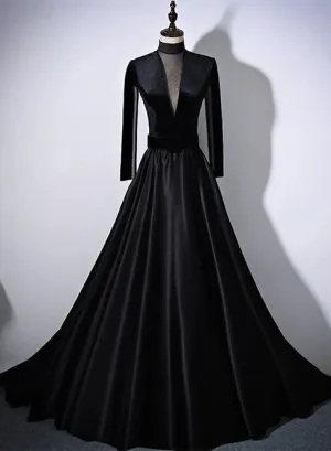 Black Velvet and Satin Long Sleeves See Through Back Formal Dress Evening Dress Elegant