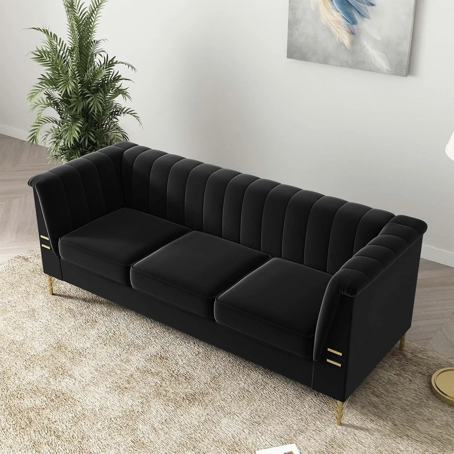 Black Velvet Couch Sofas, 83" Mid-Century Modern Sofa Tufted Chesterfield Sofa with Flared Arms and Removable Cushions, Comfy 3 Seater Couch with Gold Metal Legs for Living Room (Black)