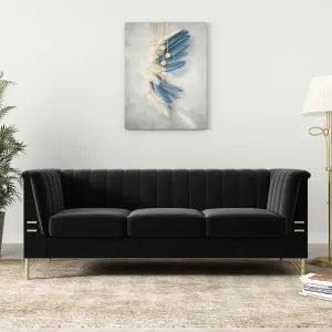 Black Velvet Couch Sofas, 83" Mid-Century Modern Sofa Tufted Chesterfield Sofa with Flared Arms and Removable Cushions, Comfy 3 Seater Couch with Gold Metal Legs for Living Room (Black)