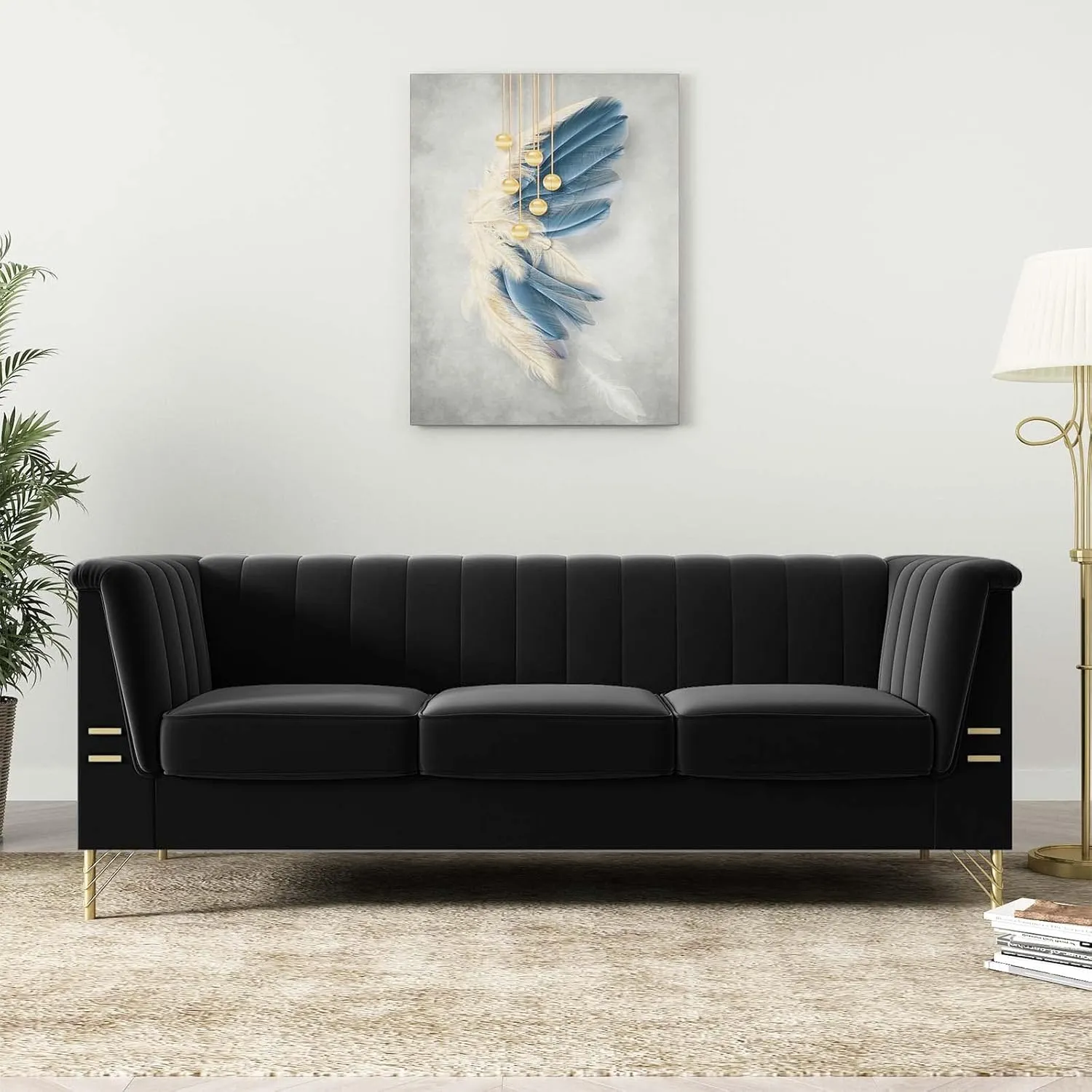 Black Velvet Couch Sofas, 83" Mid-Century Modern Sofa Tufted Chesterfield Sofa with Flared Arms and Removable Cushions, Comfy 3 Seater Couch with Gold Metal Legs for Living Room (Black)