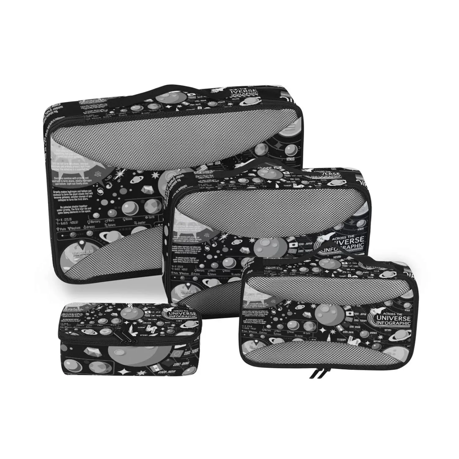 Black White Cosmic Space Galaxy Planets Pluto Venus Mars Jupiter 4 Set Packing Cubes, Travel Packing Organizers, 600D Oxford Cloth Toiletry Storage Bag, Luggage Mesh Bags for Accessories