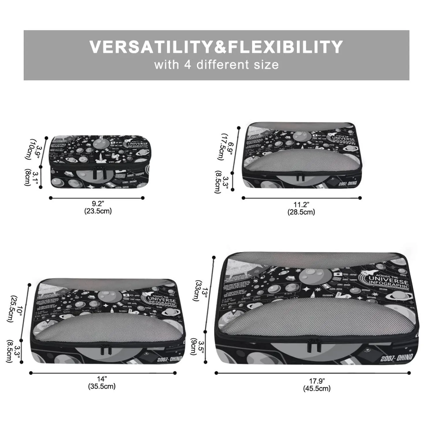 Black White Cosmic Space Galaxy Planets Pluto Venus Mars Jupiter 4 Set Packing Cubes, Travel Packing Organizers, 600D Oxford Cloth Toiletry Storage Bag, Luggage Mesh Bags for Accessories