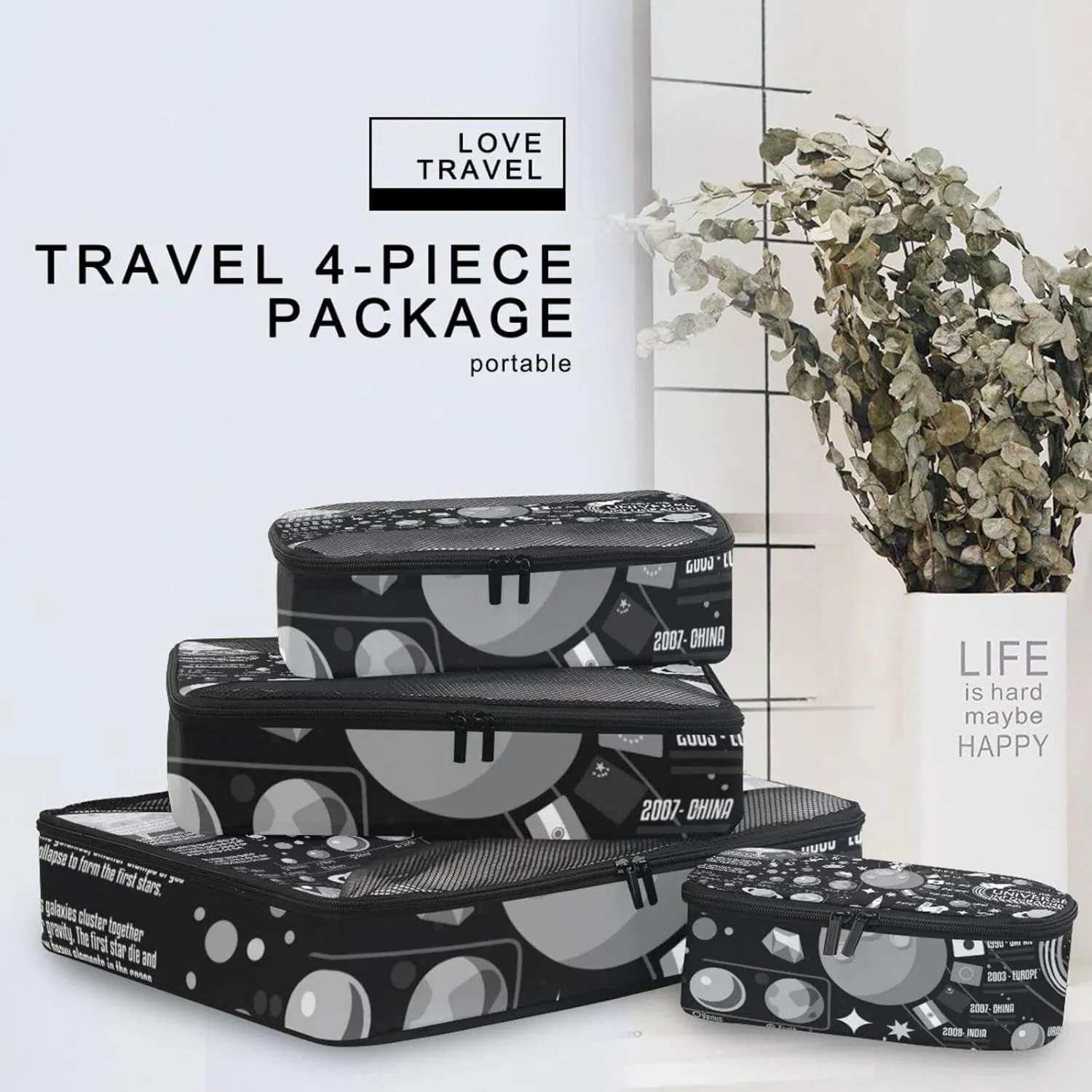 Black White Cosmic Space Galaxy Planets Pluto Venus Mars Jupiter 4 Set Packing Cubes, Travel Packing Organizers, 600D Oxford Cloth Toiletry Storage Bag, Luggage Mesh Bags for Accessories