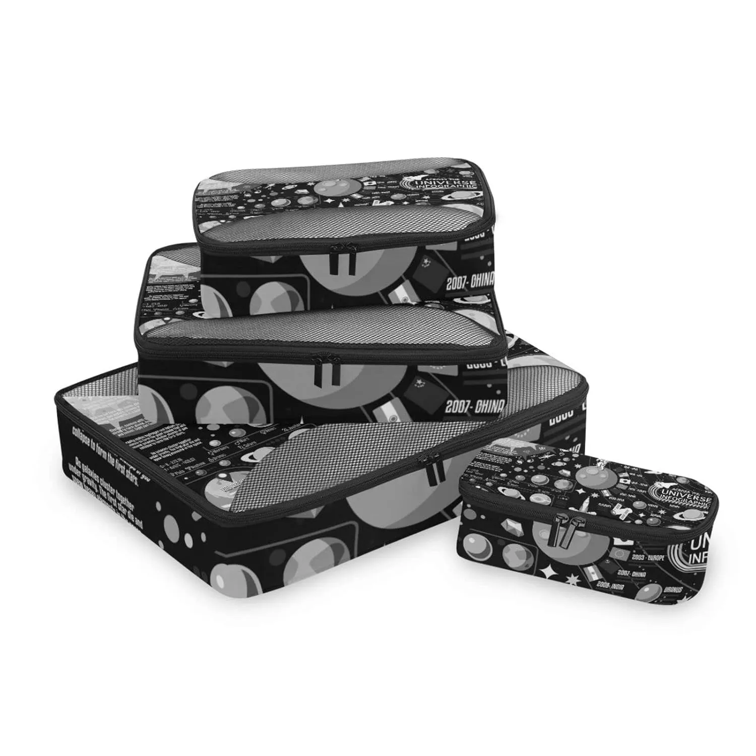 Black White Cosmic Space Galaxy Planets Pluto Venus Mars Jupiter 4 Set Packing Cubes, Travel Packing Organizers, 600D Oxford Cloth Toiletry Storage Bag, Luggage Mesh Bags for Accessories