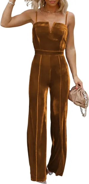 BLENCOT Sleeveless Velvet Jumpsuits For Women V Neck Spaghetti Straps Wide Leg Long Pants Dressy Rompers Winter Overalls S-XL