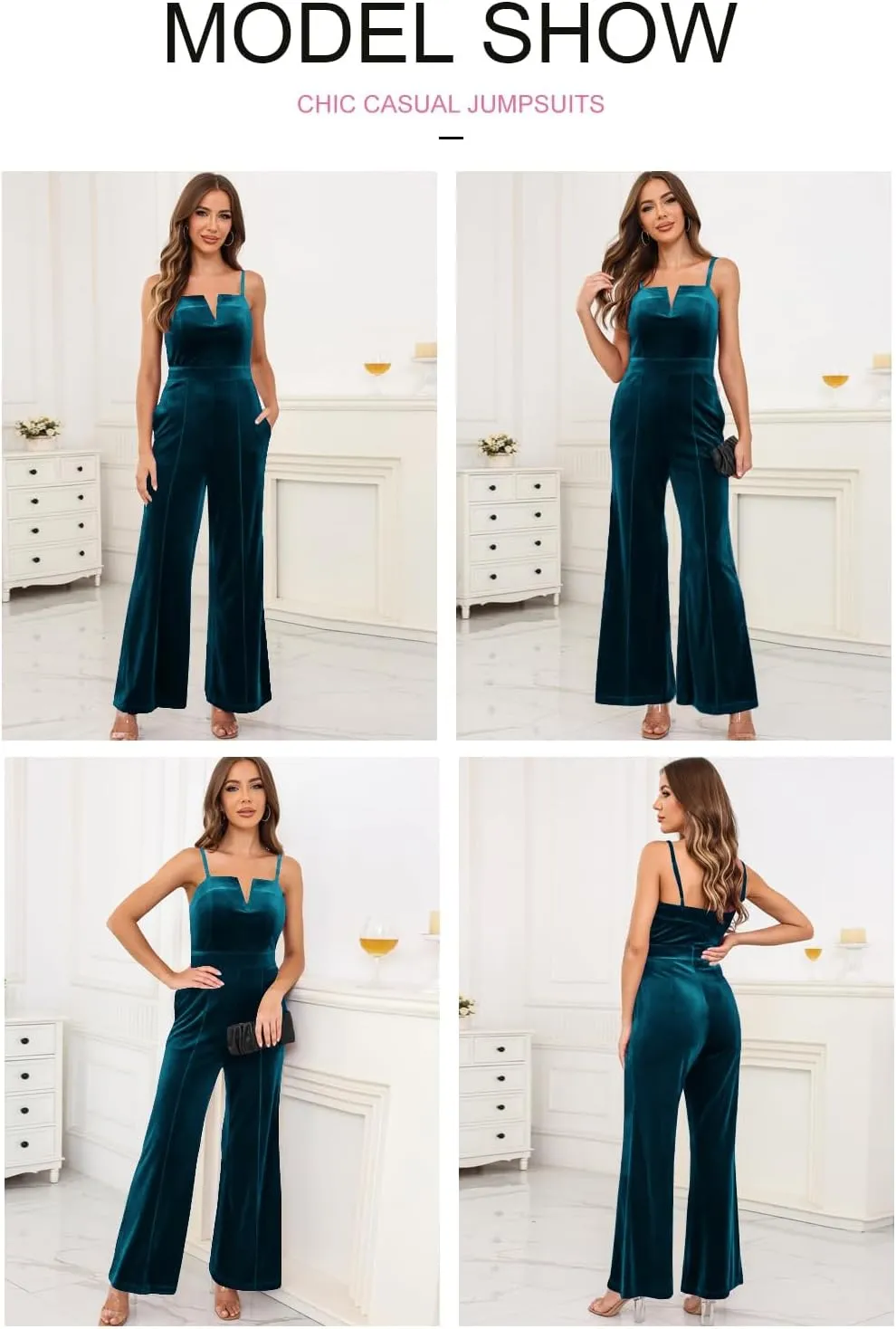 BLENCOT Sleeveless Velvet Jumpsuits For Women V Neck Spaghetti Straps Wide Leg Long Pants Dressy Rompers Winter Overalls S-XL