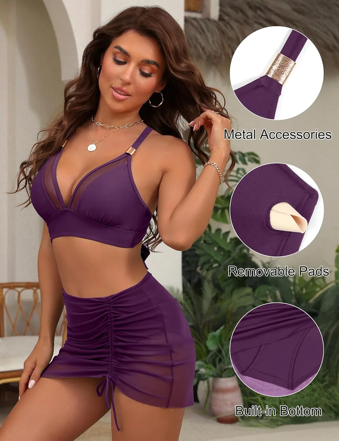 Blooming Jelly Womens High Wasited Bikini Sets Tummy Control Swimsuits Curvy Mesh Swim Skirt