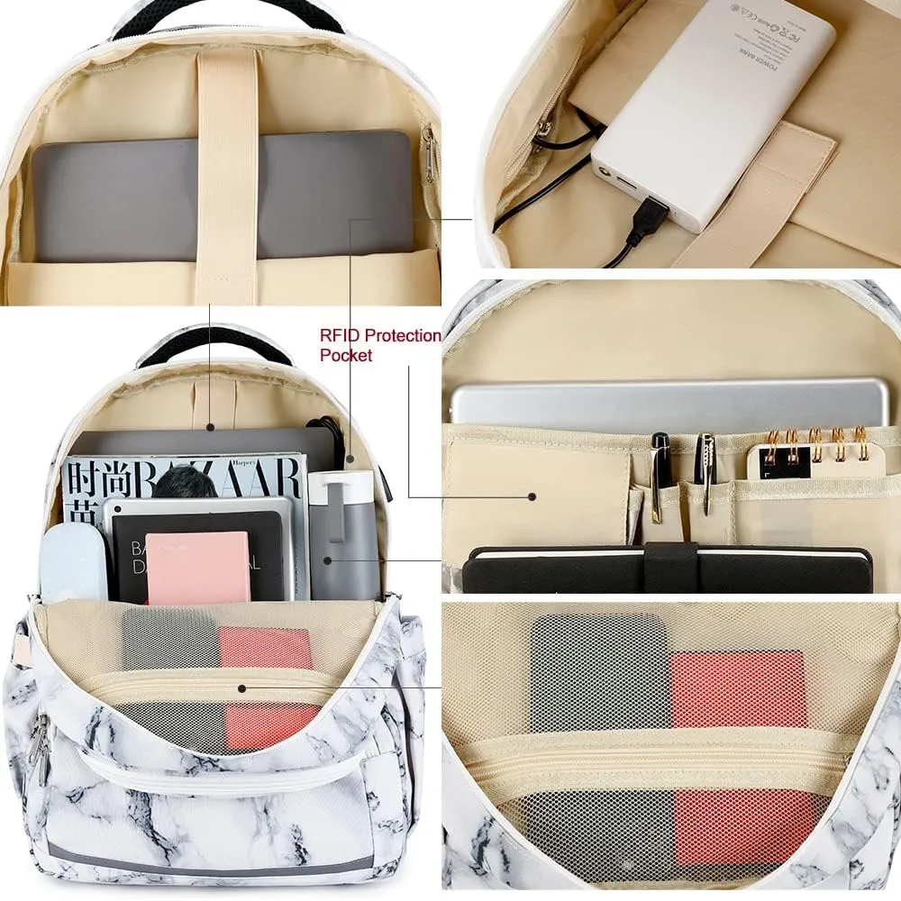 Bluboon Backpack for Women 15.6 Inch Laptop Bookbag College Bag with USB Port (Marble White)