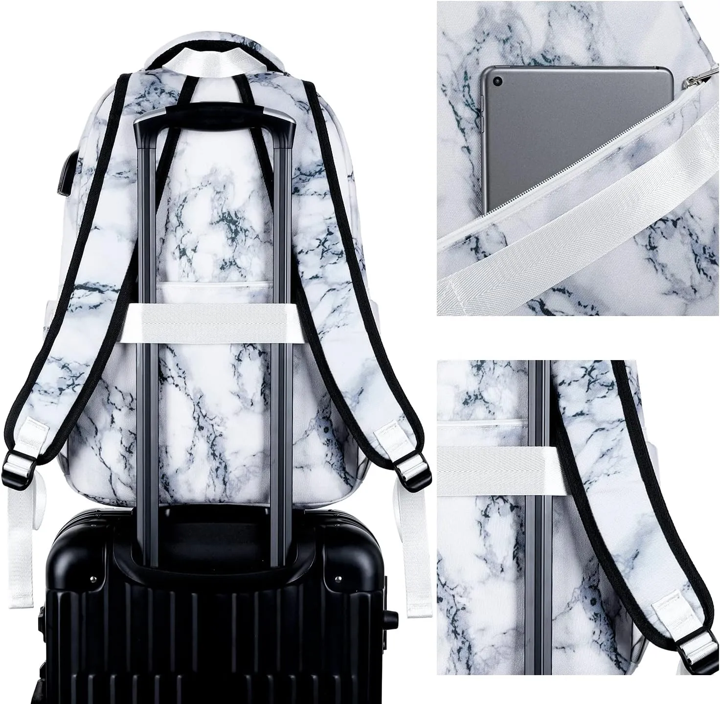 Bluboon Backpack for Women 15.6 Inch Laptop Bookbag College Bag with USB Port (Marble White)